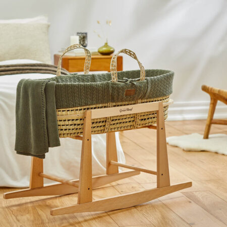 The Little Green Sheep Knitted Moses Basket + Rocking Stand - Juniper