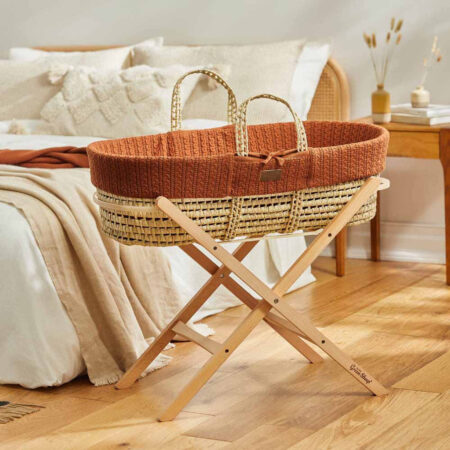 The Little Green Sheep Knitted Moses Basket + Folding Stand - Terracotta