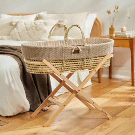 The Little Green Sheep Knitted Moses Basket + Folding Stand - Truffle