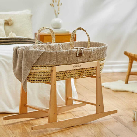 The Little Green Sheep Knitted Moses Basket + Rocking Stand - Truffle
