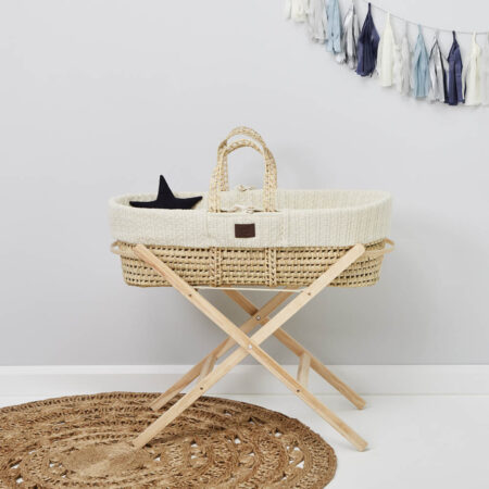 The Little Green Sheep Knitted Moses Basket + Folding Stand - Linen